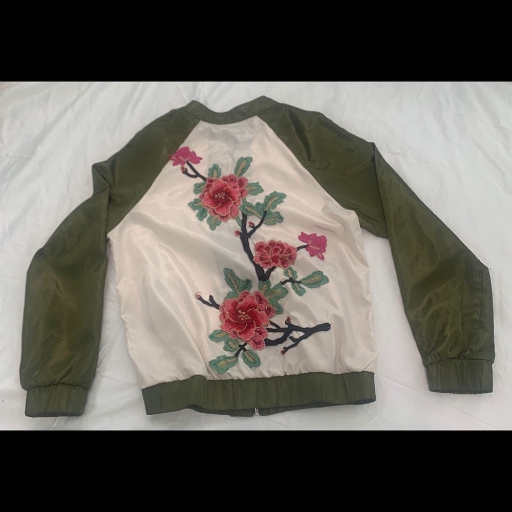 Floral cream and green windbreaker/bomber jacket.